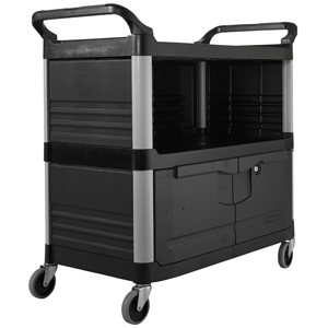 Rubbermaid Xtra Black Utility Carts Three shelves; With lockable  doors/sliding