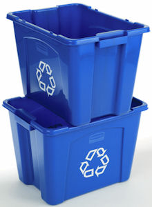 Rubbermaid 5714-73 53 Litre Recycling Box Recycling Boxes Stackable recycling boxes made out of post-consumer recycled resin (PCR) perfect for commercial recycling use